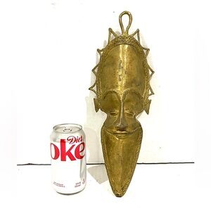 Vintage African Ashanti Bronze Gold Covered Face Masks Wall Handing Decor 12.5”